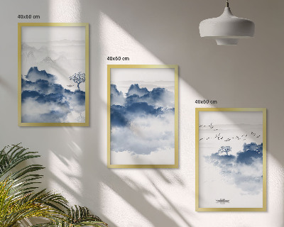 Set de 3 cuadros para salón Montañas, nubes, árboles, pájaros