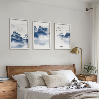 Set de 3 cuadros para salón Montañas, nubes, árboles, pájaros