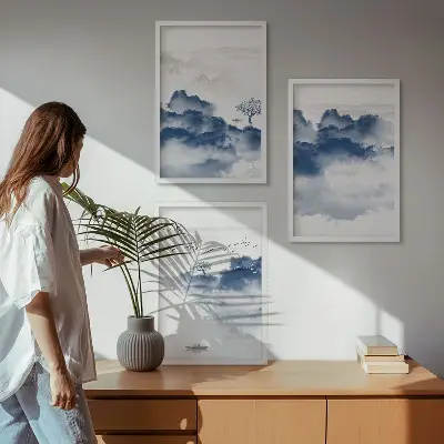 Set de 3 cuadros para salón con diseño de montañas, nubes, árboles y pájaros