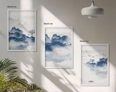 Set de 3 cuadros para salón con diseño de montañas, nubes, árboles y pájaros