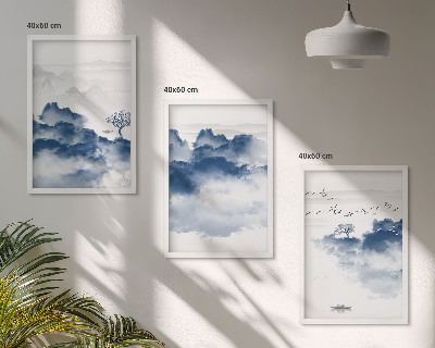 Set de 3 cuadros para salón Montañas, nubes, árboles, pájaros