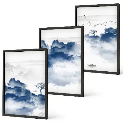 Set de 3 cuadros para salón con diseño de montañas, nubes, árboles y pájaros