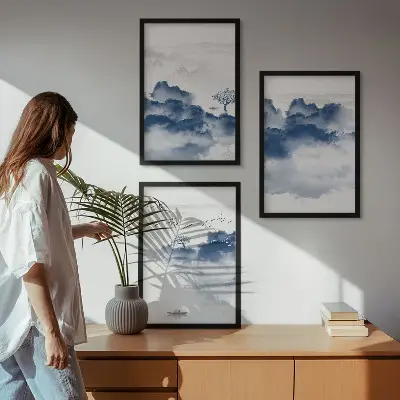Set de 3 cuadros para salón con diseño de montañas, nubes, árboles y pájaros