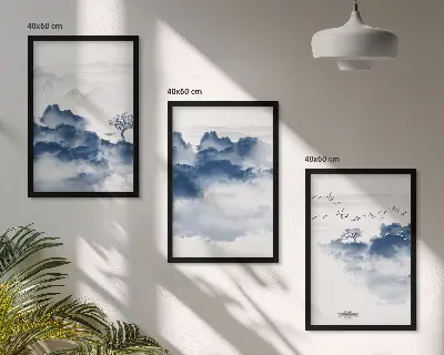 Set de 3 cuadros para salón con diseño de montañas, nubes, árboles y pájaros