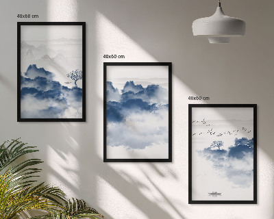 Set de 3 cuadros para salón Montañas, nubes, árboles, pájaros