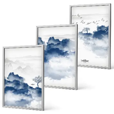 Set de 3 cuadros para salón con diseño de montañas, nubes, árboles y pájaros