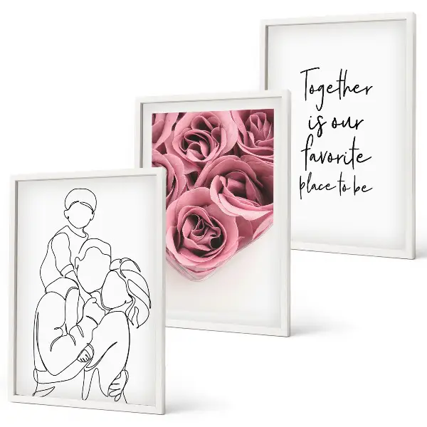 Set de 3 cuadros para salón con diseño de ramos de rosas dibujados a mano