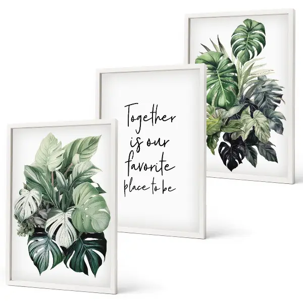 Set de 3 cuadros para salón con diseño de hojas verdes de plantas tropicales