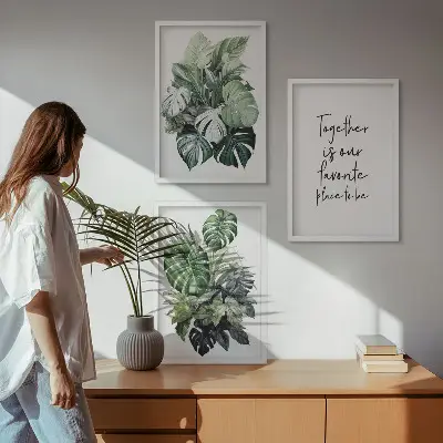Set de 3 cuadros para salón con diseño de hojas verdes de plantas tropicales