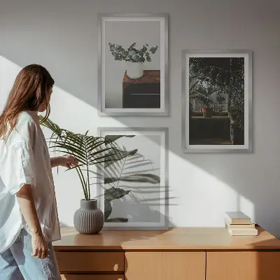 Juego de 3 cuadros con diseño de plantas rústicas en maceta