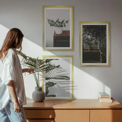 Juego de 3 cuadros con diseño de plantas rústicas en maceta