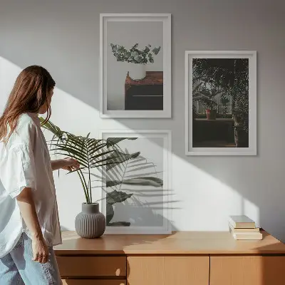 Juego de 3 cuadros con diseño de plantas rústicas en maceta