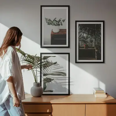 Juego de 3 cuadros con diseño de plantas rústicas en maceta