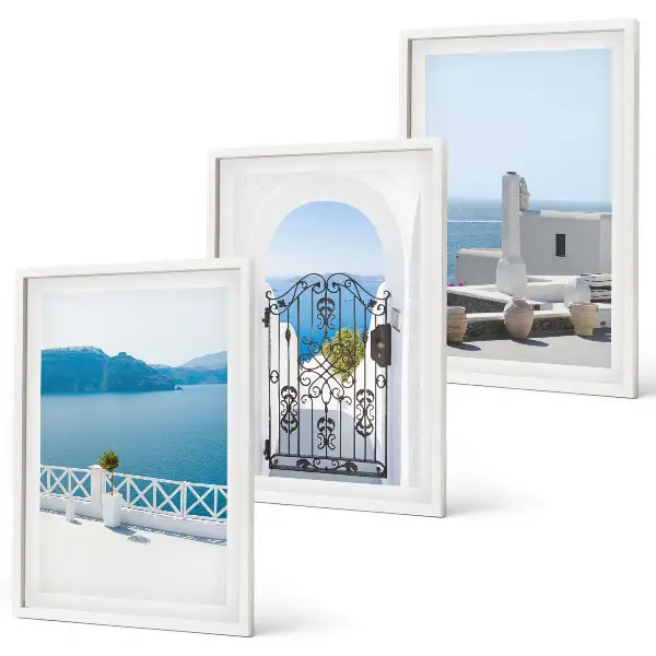 Set de 3 cuadros para salón con diseño de edificios del Mar Blanco en Grecia