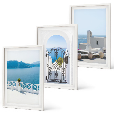 Set de 3 cuadros para salón Edificios del Mar Blanco en Grecia