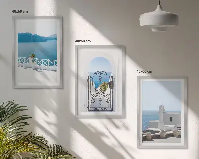 Set de 3 cuadros para salón con diseño de edificios del Mar Blanco en Grecia