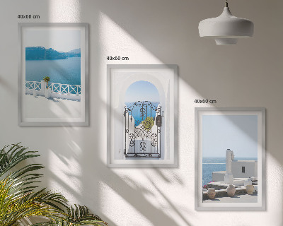 Set de 3 cuadros para salón Edificios del Mar Blanco en Grecia