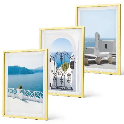 Set de 3 cuadros para salón con diseño de edificios del Mar Blanco en Grecia