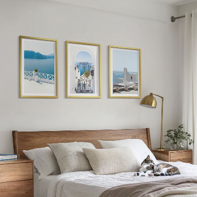 Set de 3 cuadros para salón Edificios del Mar Blanco en Grecia