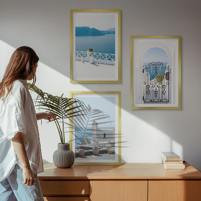Set de 3 cuadros para salón Edificios del Mar Blanco en Grecia