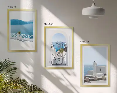Set de 3 cuadros para salón con diseño de edificios del Mar Blanco en Grecia