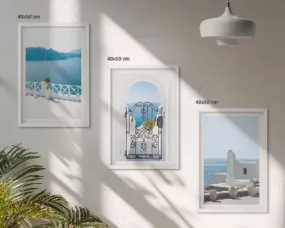 Set de 3 cuadros para salón con diseño de edificios del Mar Blanco en Grecia