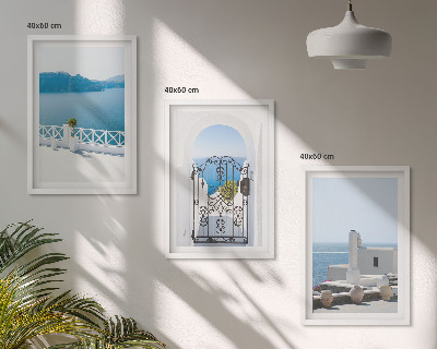 Set de 3 cuadros para salón Edificios del Mar Blanco en Grecia