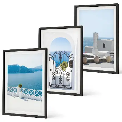 Set de 3 cuadros para salón con diseño de edificios del Mar Blanco en Grecia