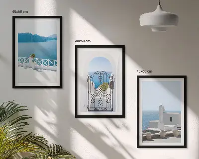 Set de 3 cuadros para salón con diseño de edificios del Mar Blanco en Grecia