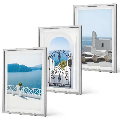 Set de 3 cuadros para salón con diseño de edificios del Mar Blanco en Grecia