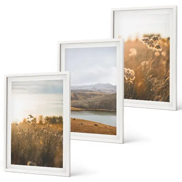 Set de 3 cuadros para salón con diseño de paisajes de prados, montañas y lago