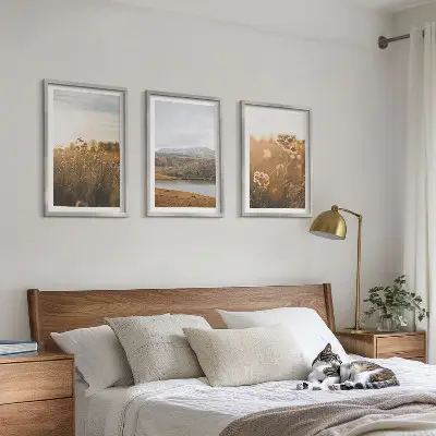Set de 3 cuadros para salón con diseño de paisajes de prados, montañas y lago