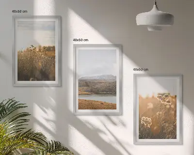 Set de 3 cuadros para salón con diseño de paisajes de prados, montañas y lago