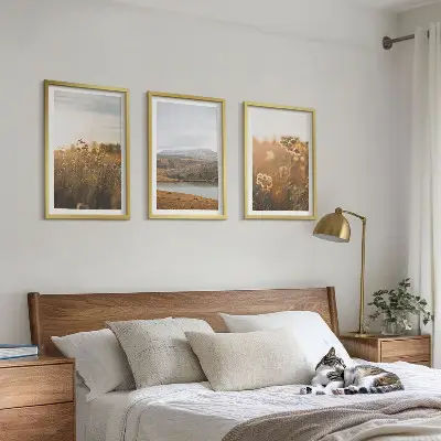 Set de 3 cuadros para salón con diseño de paisajes de prados, montañas y lago