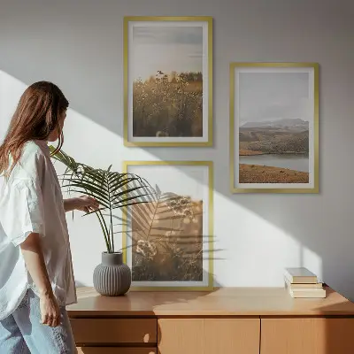Set de 3 cuadros para salón con diseño de paisajes de prados, montañas y lago
