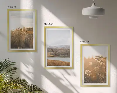 Set de 3 cuadros para salón con diseño de paisajes de prados, montañas y lago