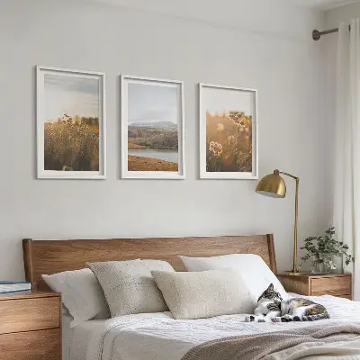 Set de 3 cuadros para salón con diseño de paisajes de prados, montañas y lago