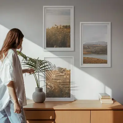 Set de 3 cuadros para salón con diseño de paisajes de prados, montañas y lago