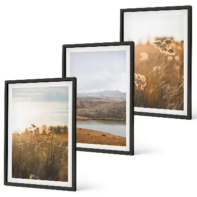 Set de 3 cuadros para salón con diseño de paisajes de prados, montañas y lago