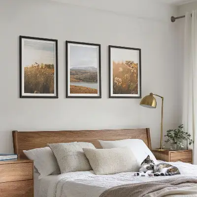 Set de 3 cuadros para salón con diseño de paisajes de prados, montañas y lago