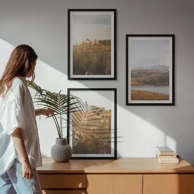 Set de 3 cuadros para salón con diseño de paisajes de prados, montañas y lago