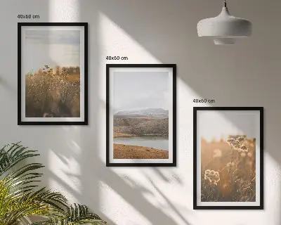 Set de 3 cuadros para salón con diseño de paisajes de prados, montañas y lago