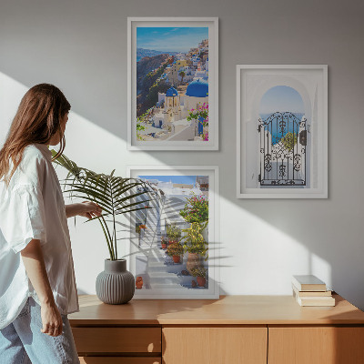 Set de 3 cuadros para salón Arquitectura de Santorini Oia
