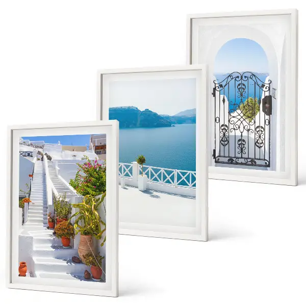 Juego de 3 cuadros con diseño de escaleras blancas, plantas y puerta al mar