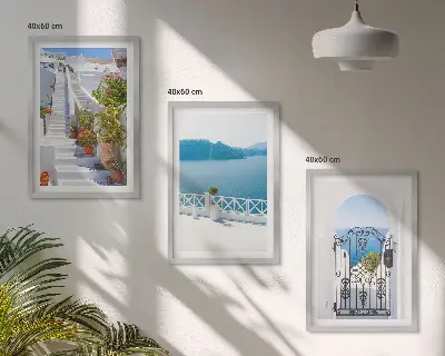 Juego de 3 cuadros con diseño de escaleras blancas, plantas y puerta al mar