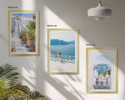 Juego de 3 cuadros con diseño de escaleras blancas, plantas y puerta al mar