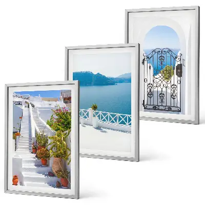 Juego de 3 cuadros con diseño de escaleras blancas, plantas y puerta al mar