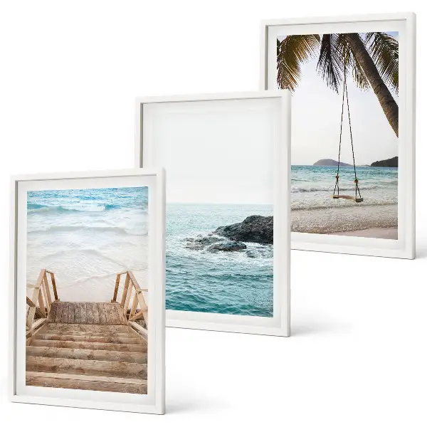 Set de 3 cuadros para salón con diseño de escaleras, playa y columpio en el mar