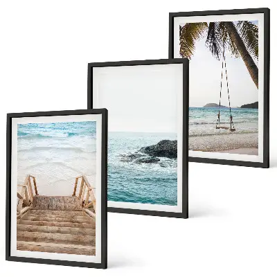 Set de 3 cuadros para salón con diseño de escaleras, playa y columpio en el mar