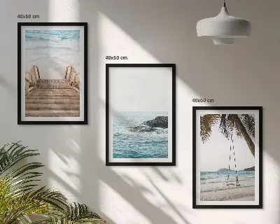 Set de 3 cuadros para salón con diseño de escaleras, playa y columpio en el mar